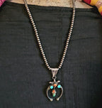 Naja Squash Blossom Turquoise & Coral Native Sterling Necklace  Old Pawn C1970s JN 803