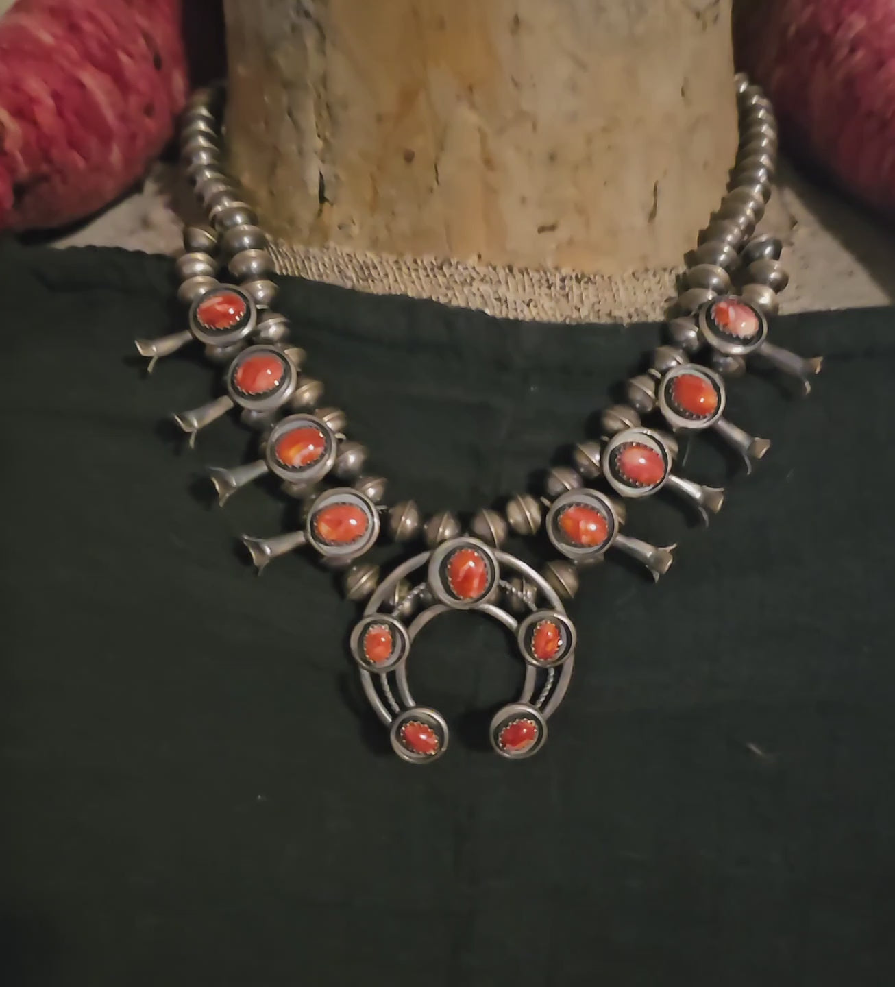 Signed Spiny Oyster Small Squash Blossom Necklace: Old Pawn Sterling Silver  JN 832