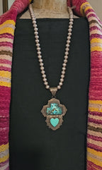 Big Heart & Cross Signed Turquoise Native Pendent Old Pawn Sterling # JPN 150