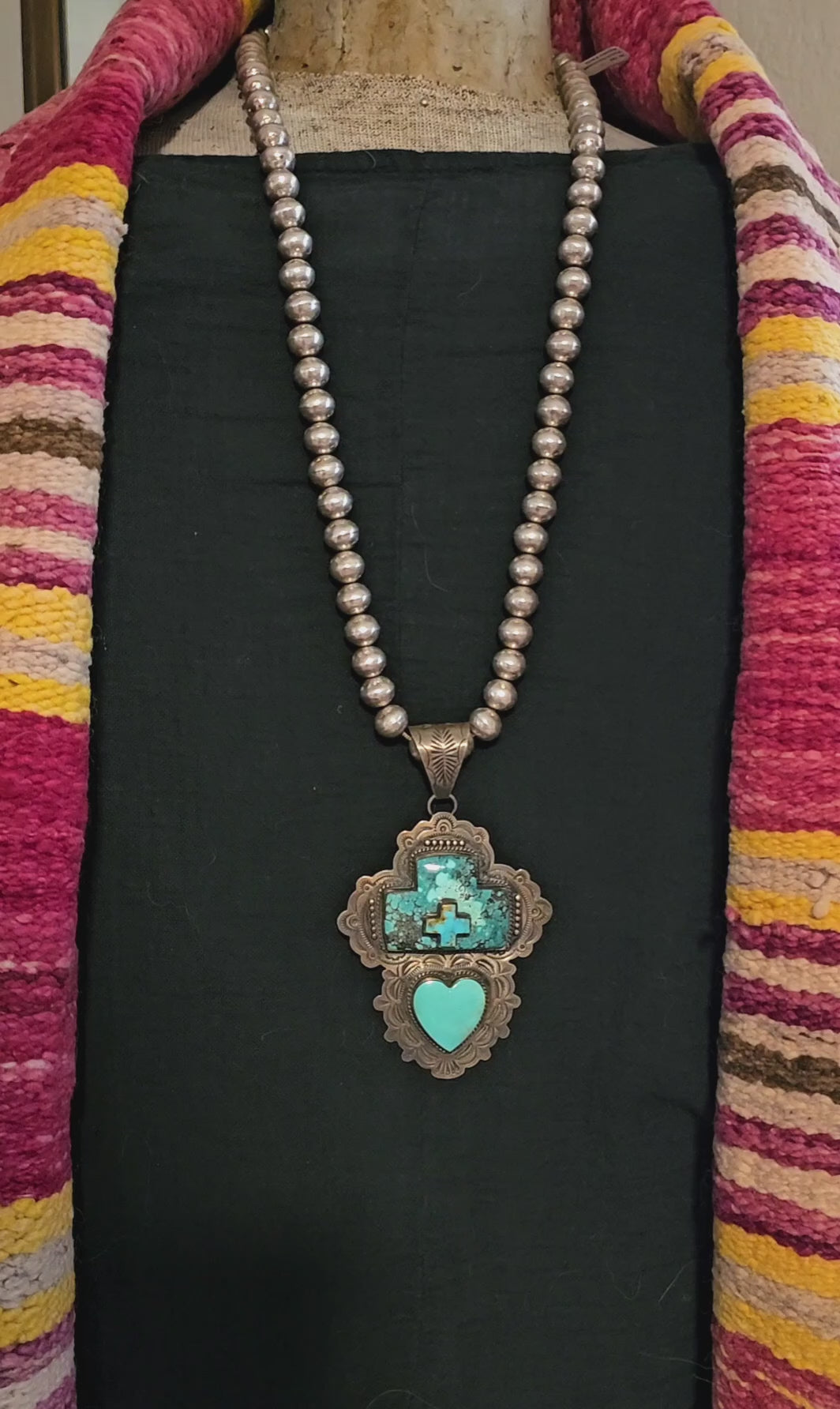 Big Heart & Cross Signed Turquoise Native Pendent Old Pawn Sterling # JPN 150