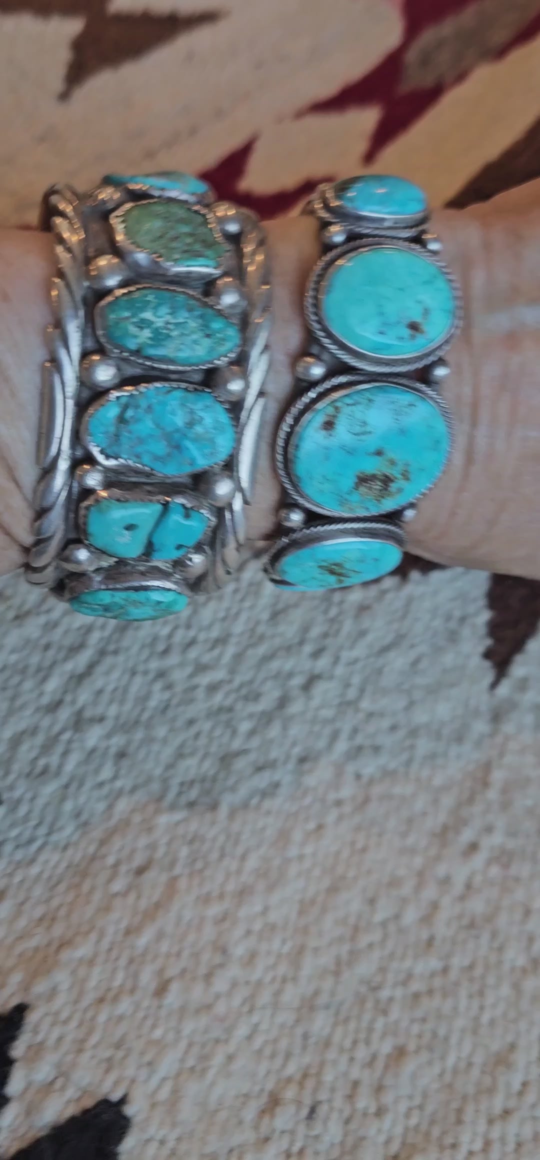 1940s Big Blue Cabochons Turquoise Sterling Silver Row Bracelet 6 3/4" wrist JB 275