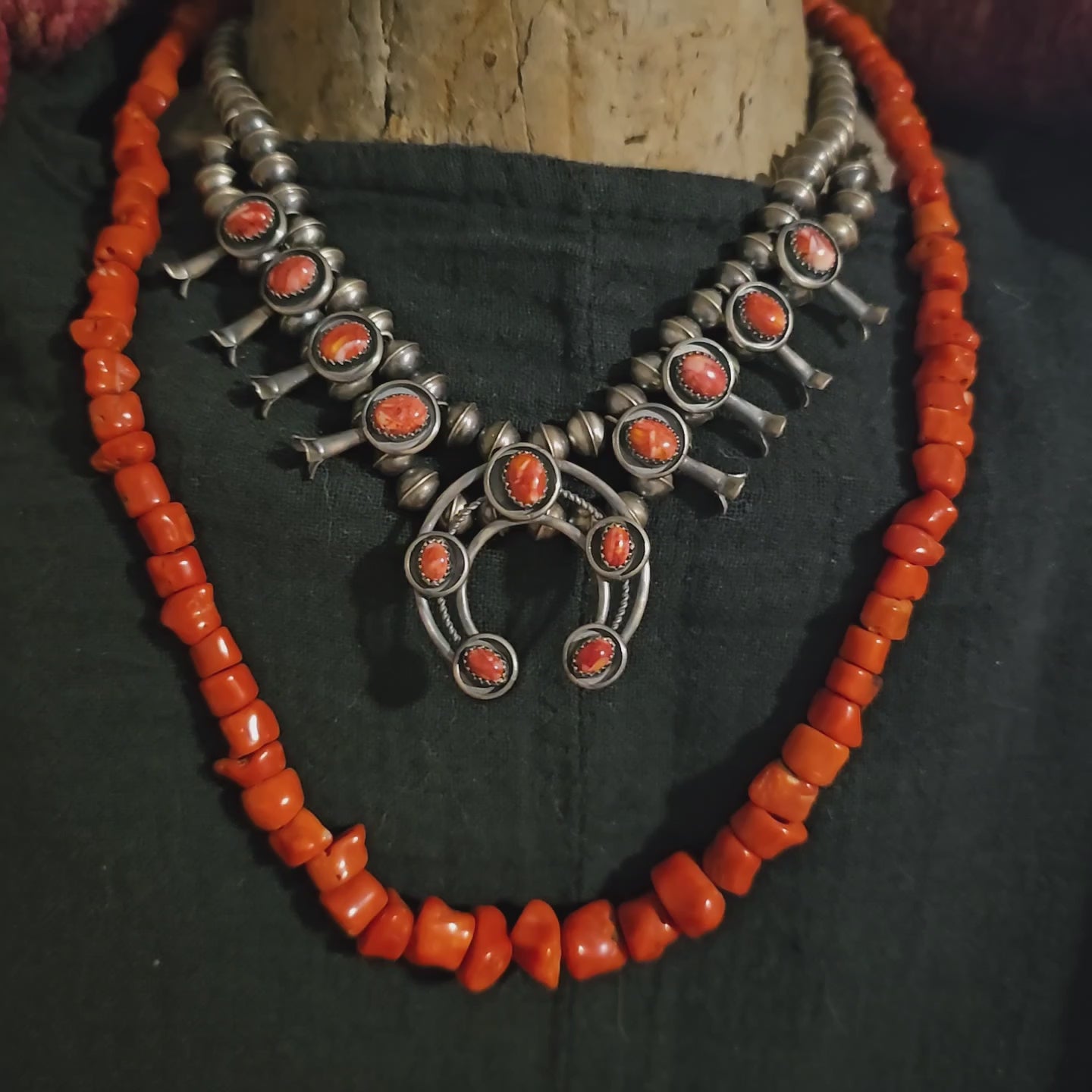 C1940s Vintage Pueblo Coral Heishi Necklace 24" Old Pawn Sterling.  JN 858