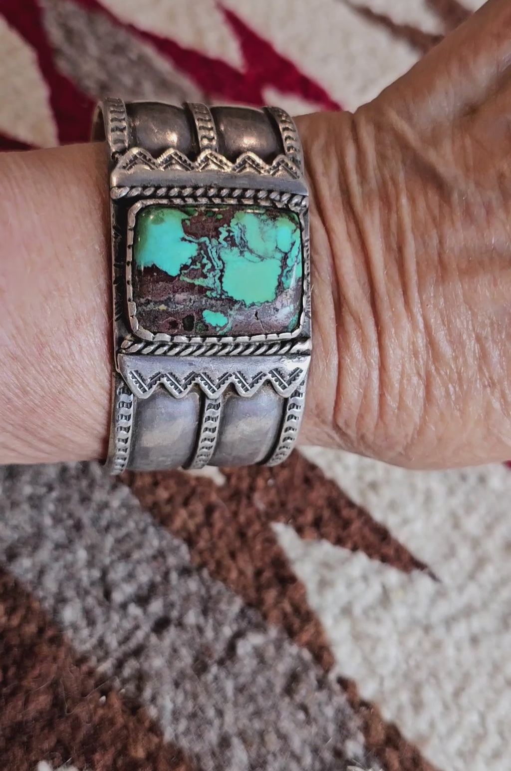 Wide Forged Silver & Turquoise Vintage Native Cuff fits 6 1/2" wrist JB 335