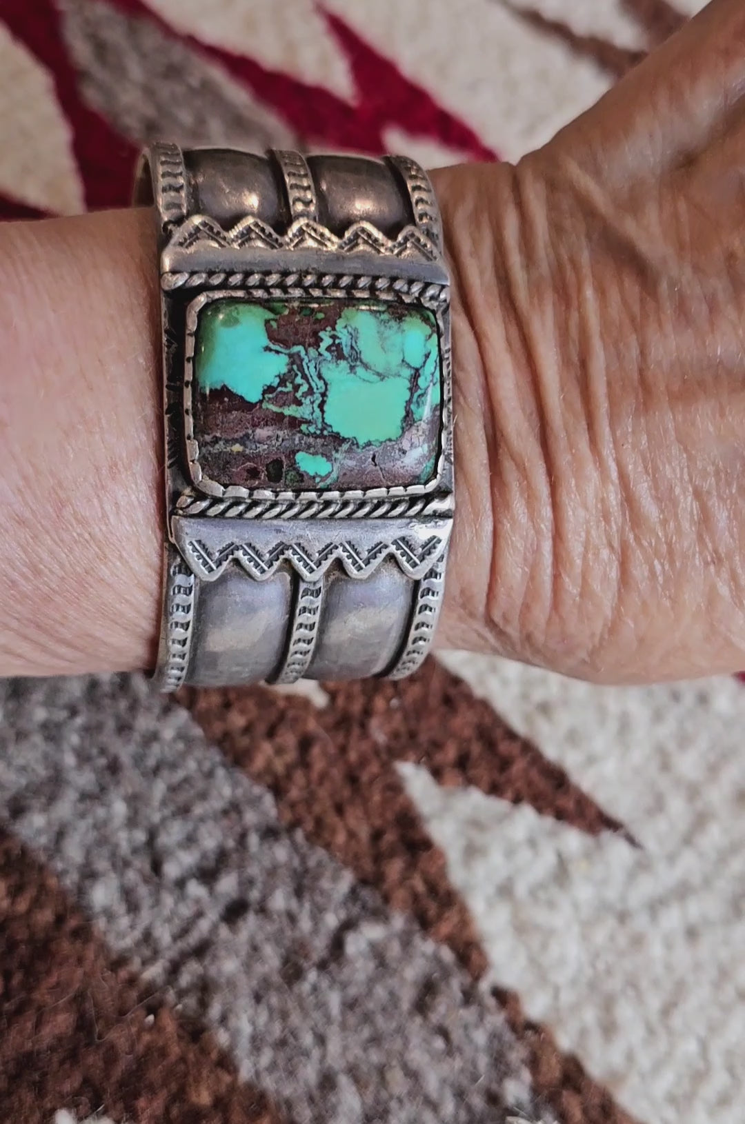 Wide Forged Silver & Turquoise Vintage Native Cuff fits 6 1/2" wrist JB 335