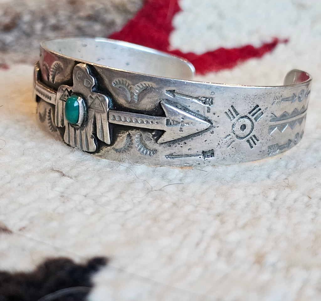1930s Thunderbird Turquoise Native Sterling Cuff fits 6 1/2" wrist. JB 336