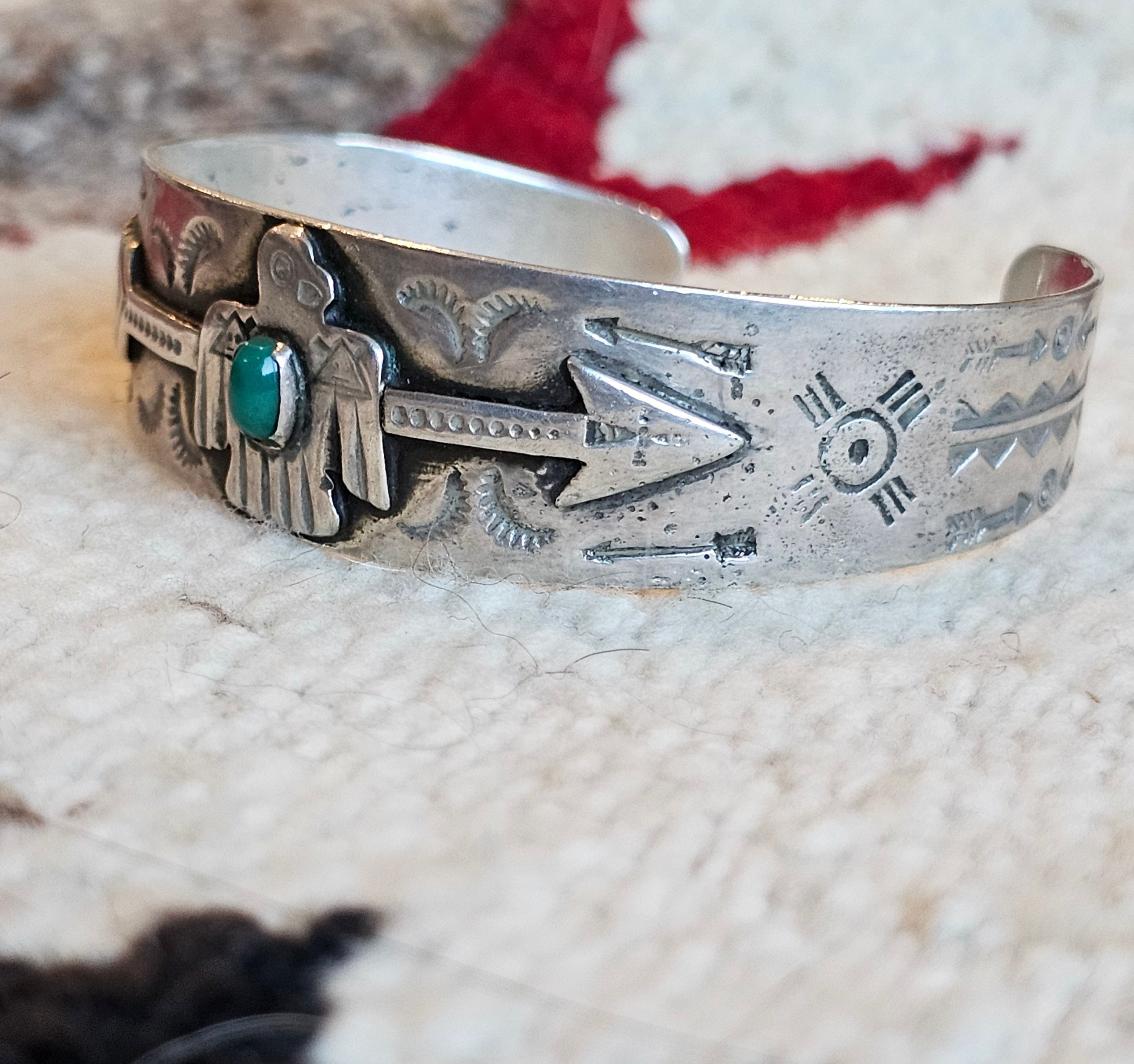 1930s Thunderbird Turquoise Native Sterling Cuff fits 6 1/2" wrist. JB 336