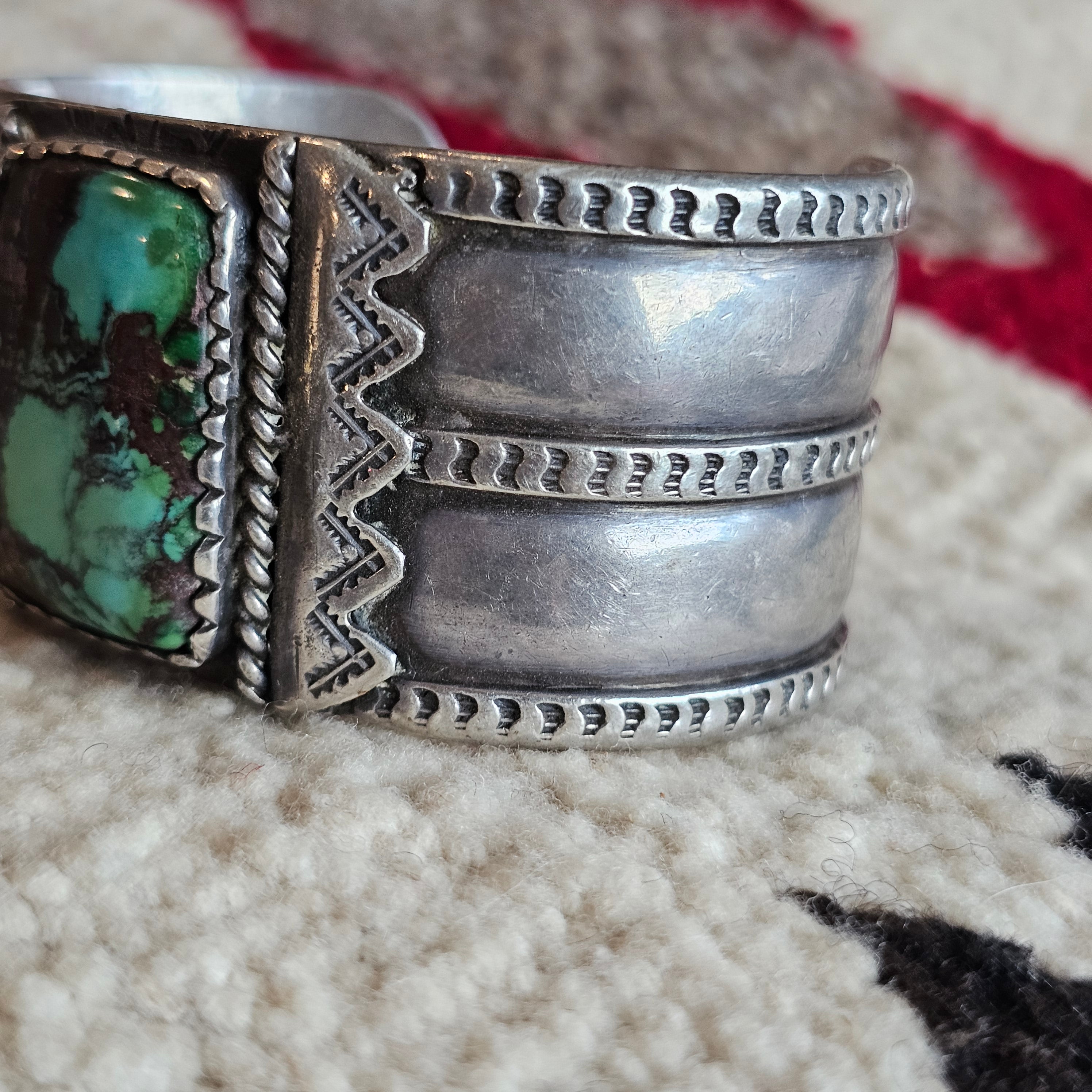 Wide Forged Silver & Turquoise Vintage Native Cuff fits 6 1/2" wrist JB 335