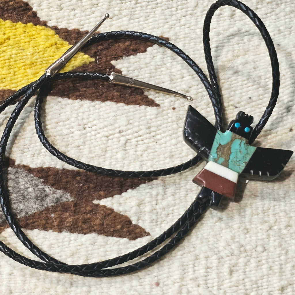 1940s Thunderbird Bolo Turquoise Onyx Vintage Pueblo # JBO 165