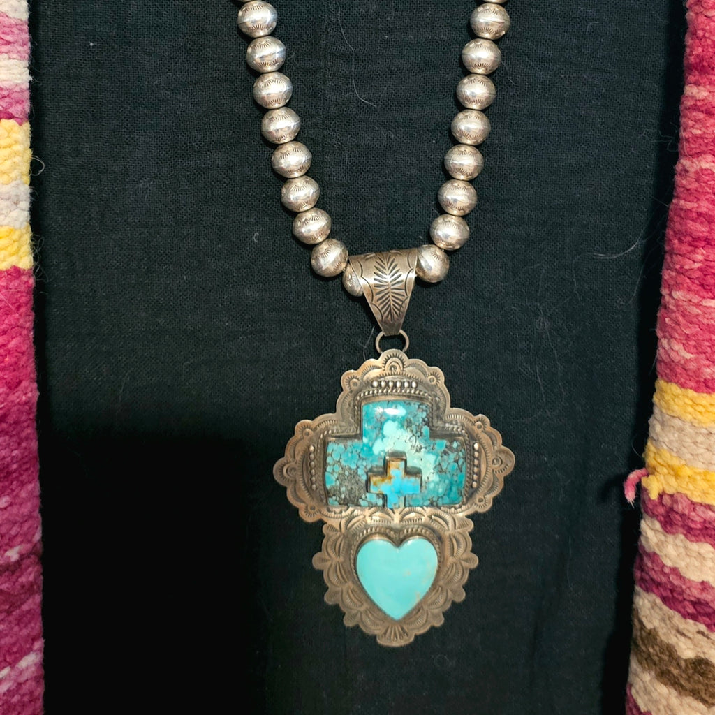 Big Heart & Cross Signed Turquoise Native Pendent Old Pawn Sterling # JPN 150