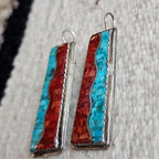 Zuni Turquoise & Coral Inlay Native Earrings Old Pawn 2 1/2"  JE 277