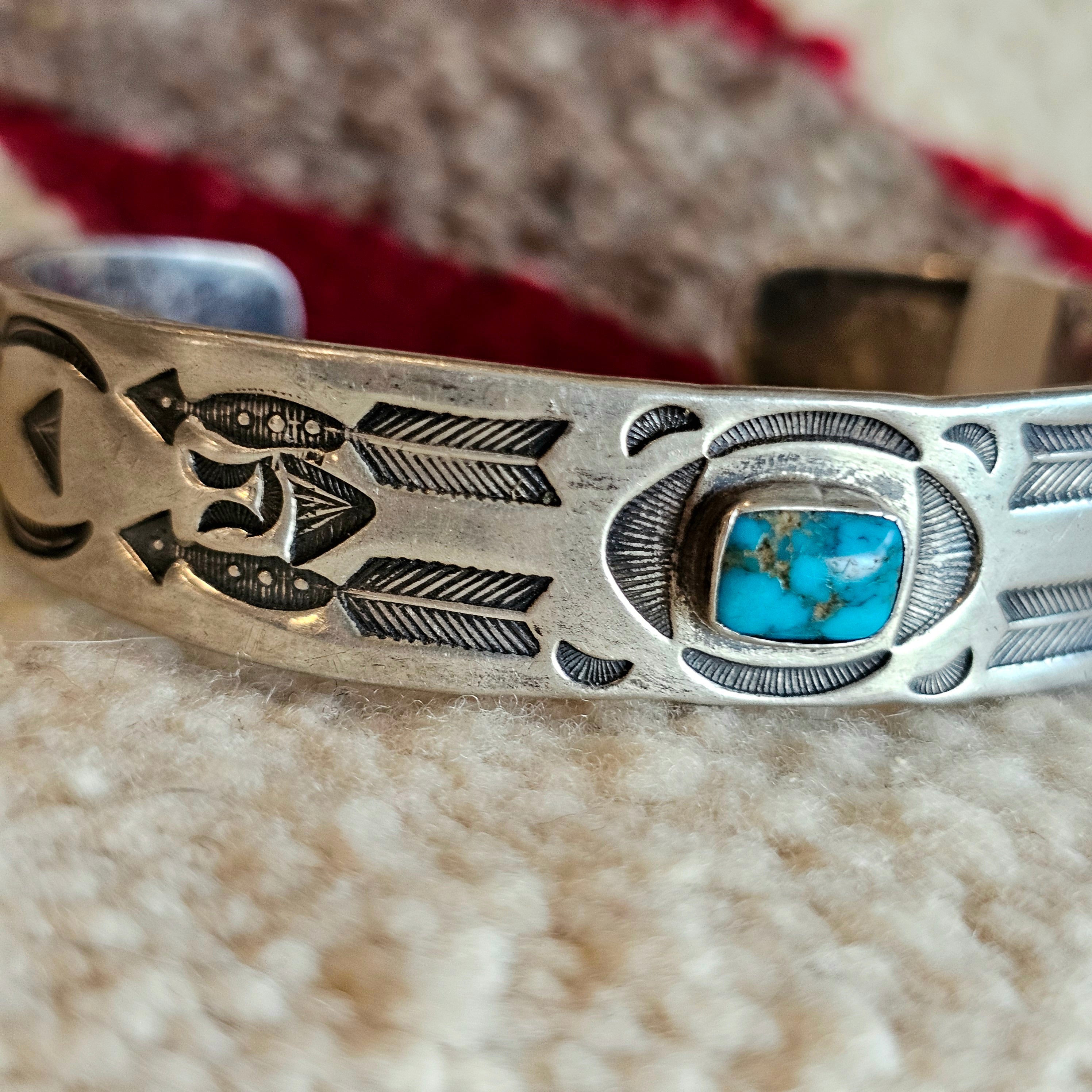 Ingot & Blue Turquoise Deep Punchwork Decorated Vintage Cuff Native Sterling Old Pawn fits 6 1/4" wrist JB 290