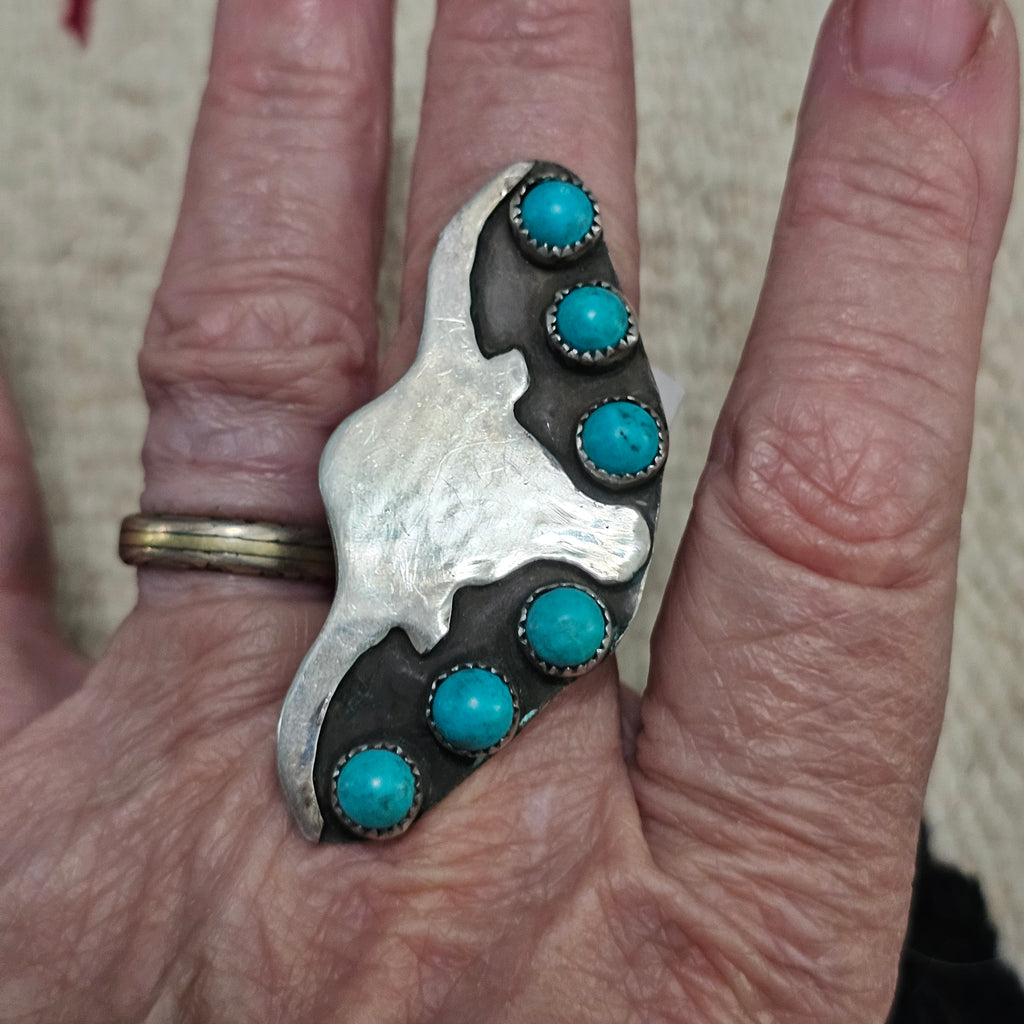 Cowgirl Steer Head Shape Blue Turquoise Vintage Sterling Ring Size 10 1/2 Old Pawn JR 745