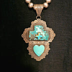 Big Heart & Cross Signed Turquoise Native Pendent Old Pawn Sterling # JPN 150