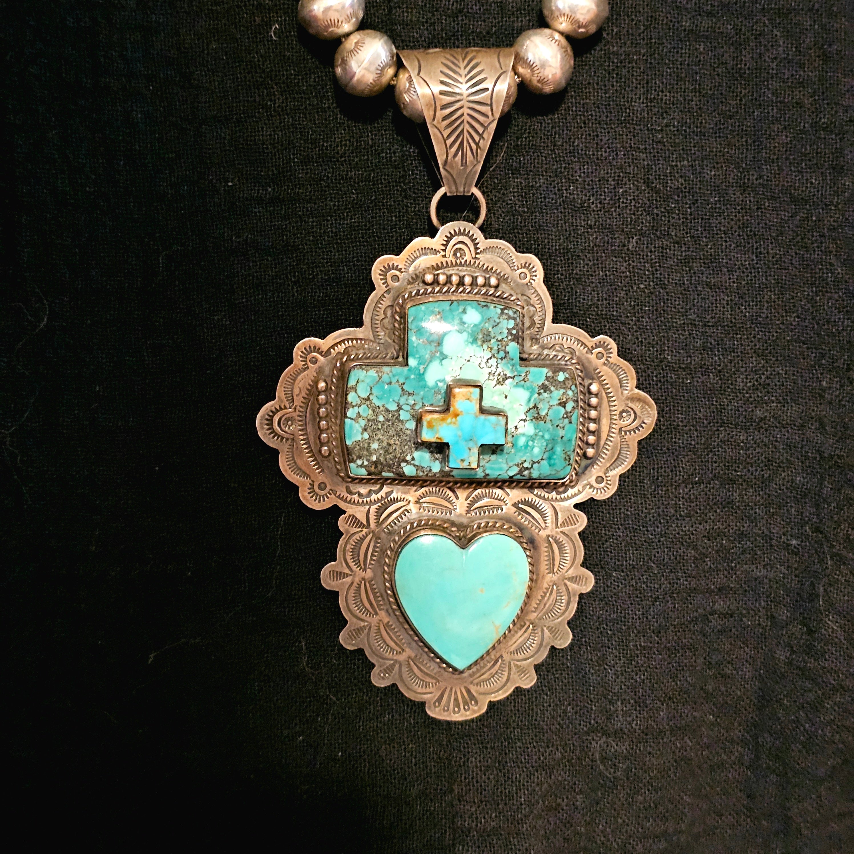 Big Heart & Cross Signed Turquoise Native Pendent Old Pawn Sterling # JPN 150