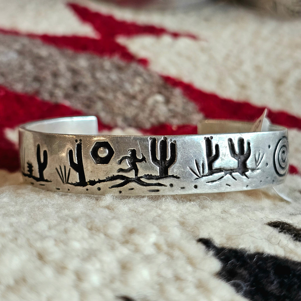 Signed Mystery Figure Vintage Native Silver Overlay Sterling Cuff  sz 6 1/2"  JB 323