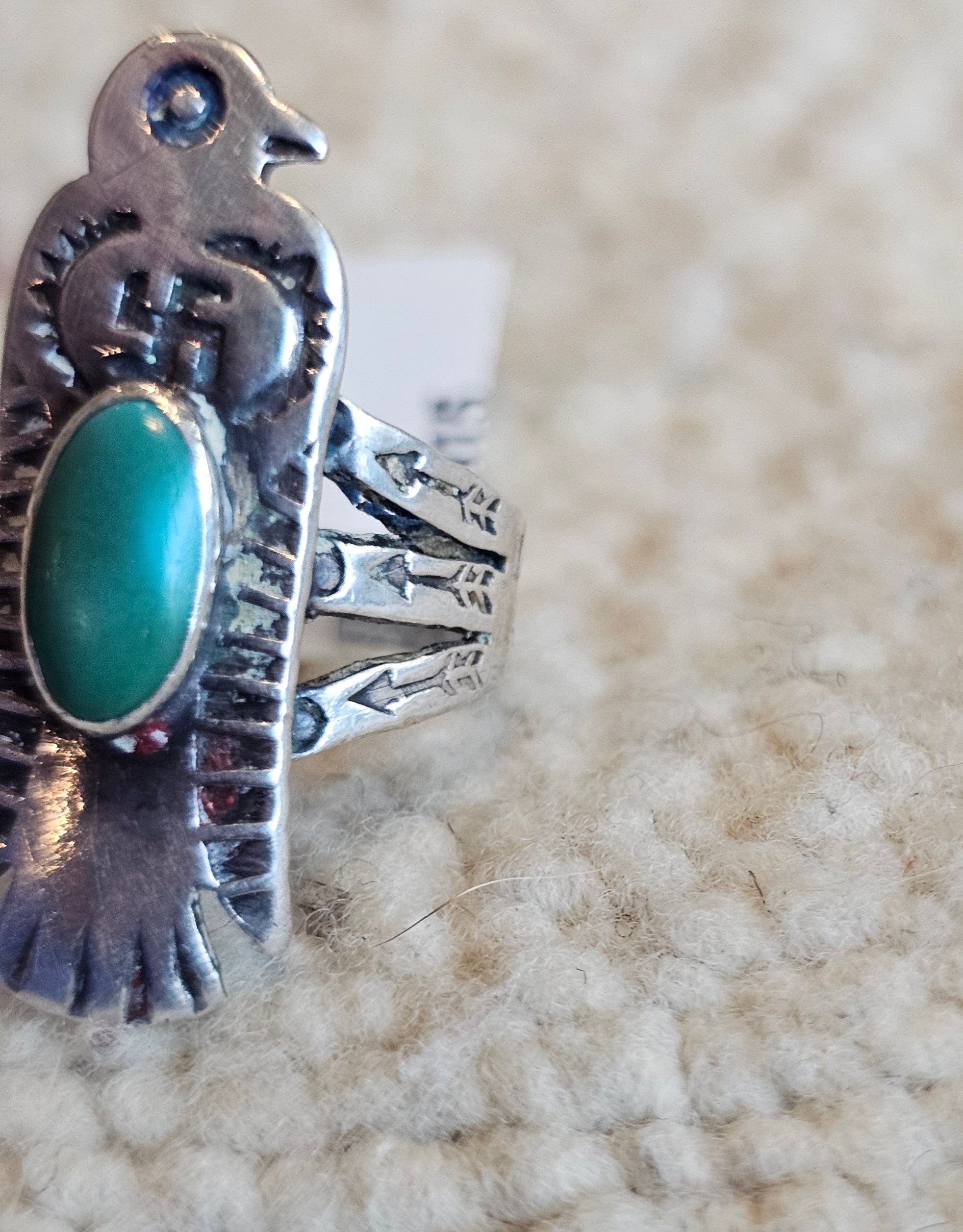 C1930s Thunderbird Shape Vintage Native Ring Turquoise size 5 JR 815