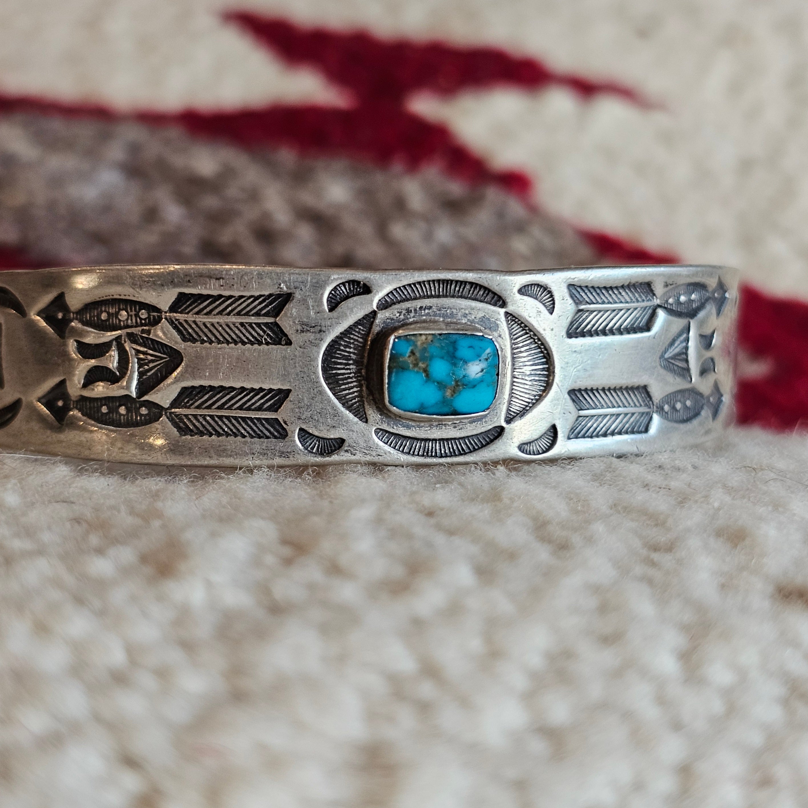Ingot & Blue Turquoise Deep Punchwork Decorated Vintage Cuff Native Sterling Old Pawn fits 6 1/4" wrist JB 290