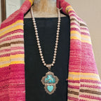 Big Heart & Cross Signed Turquoise Native Pendent Old Pawn Sterling # JPN 150