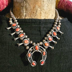 Signed Spiny Oyster Small Squash Blossom Necklace: Old Pawn Sterling Silver  JN 832