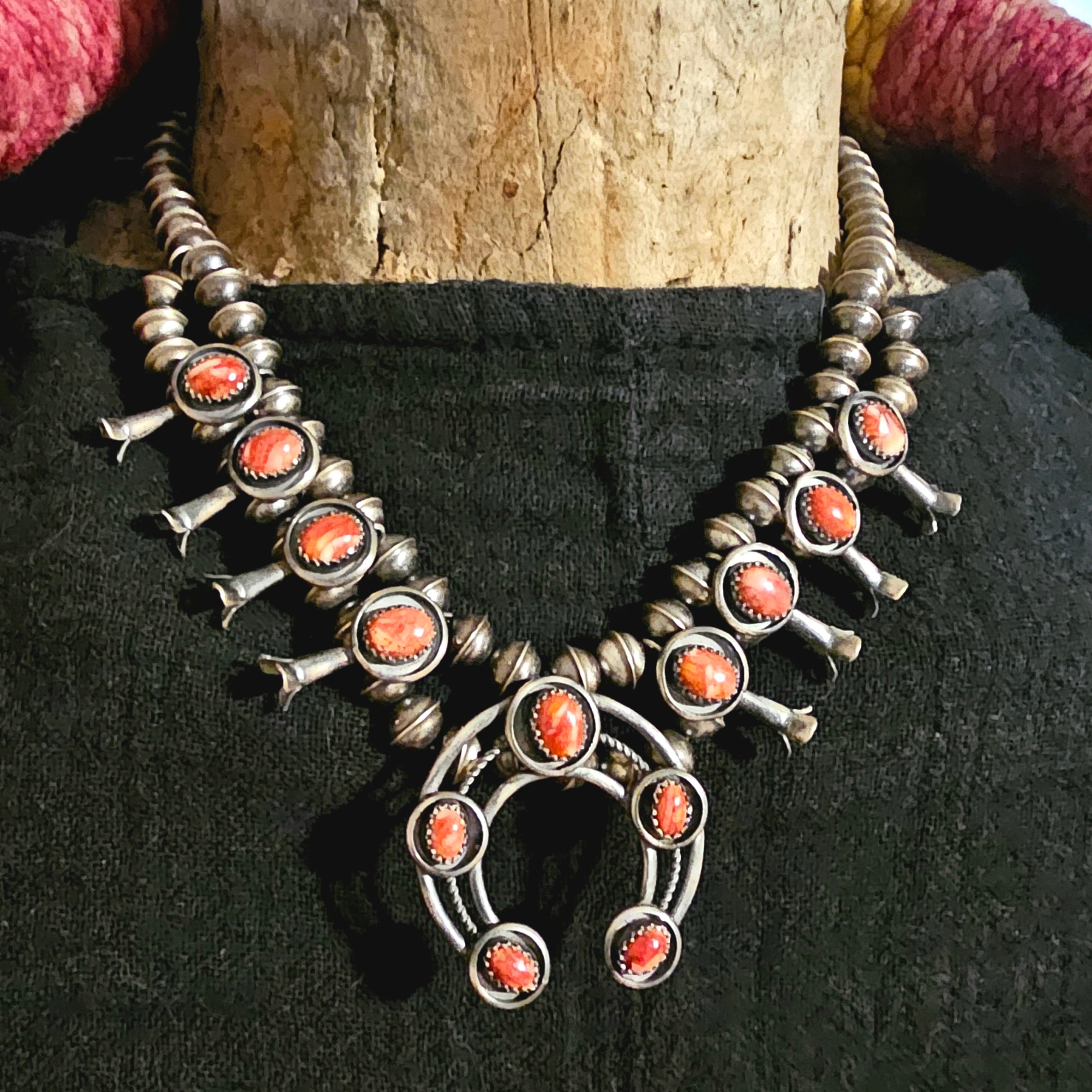 Signed Spiny Oyster Small Squash Blossom Necklace: Old Pawn Sterling Silver  JN 832