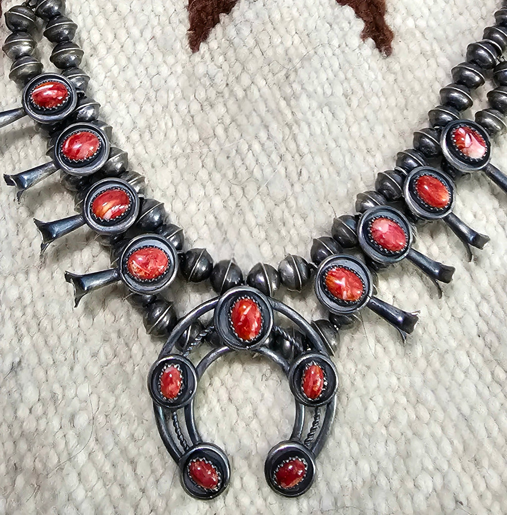 Signed Spiny Oyster Small Squash Blossom Necklace: Old Pawn Sterling Silver  JN 832