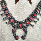 Signed Spiny Oyster Small Squash Blossom Necklace: Old Pawn Sterling Silver  JN 832