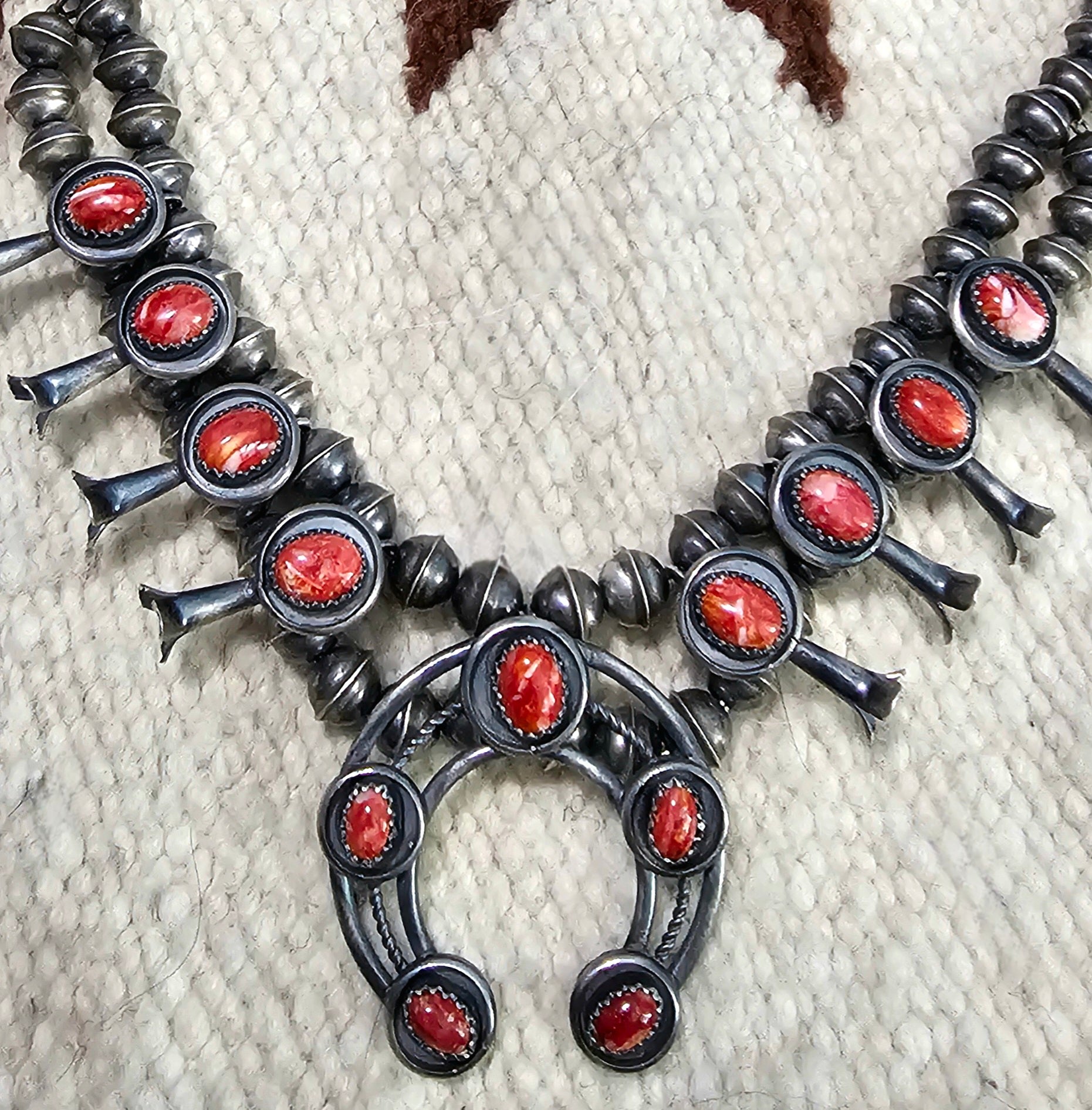 Signed Spiny Oyster Small Squash Blossom Necklace: Old Pawn Sterling Silver  JN 832