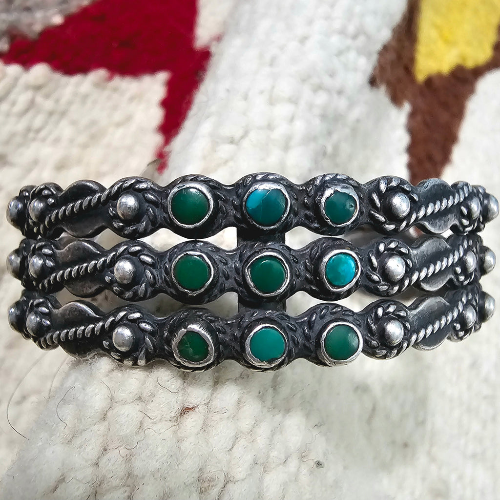 1930s Zuni 3 Row Decorative Cuff Turquoise Stones Old Pawn Cuff  fits 6 1/4" wrist. JB 259