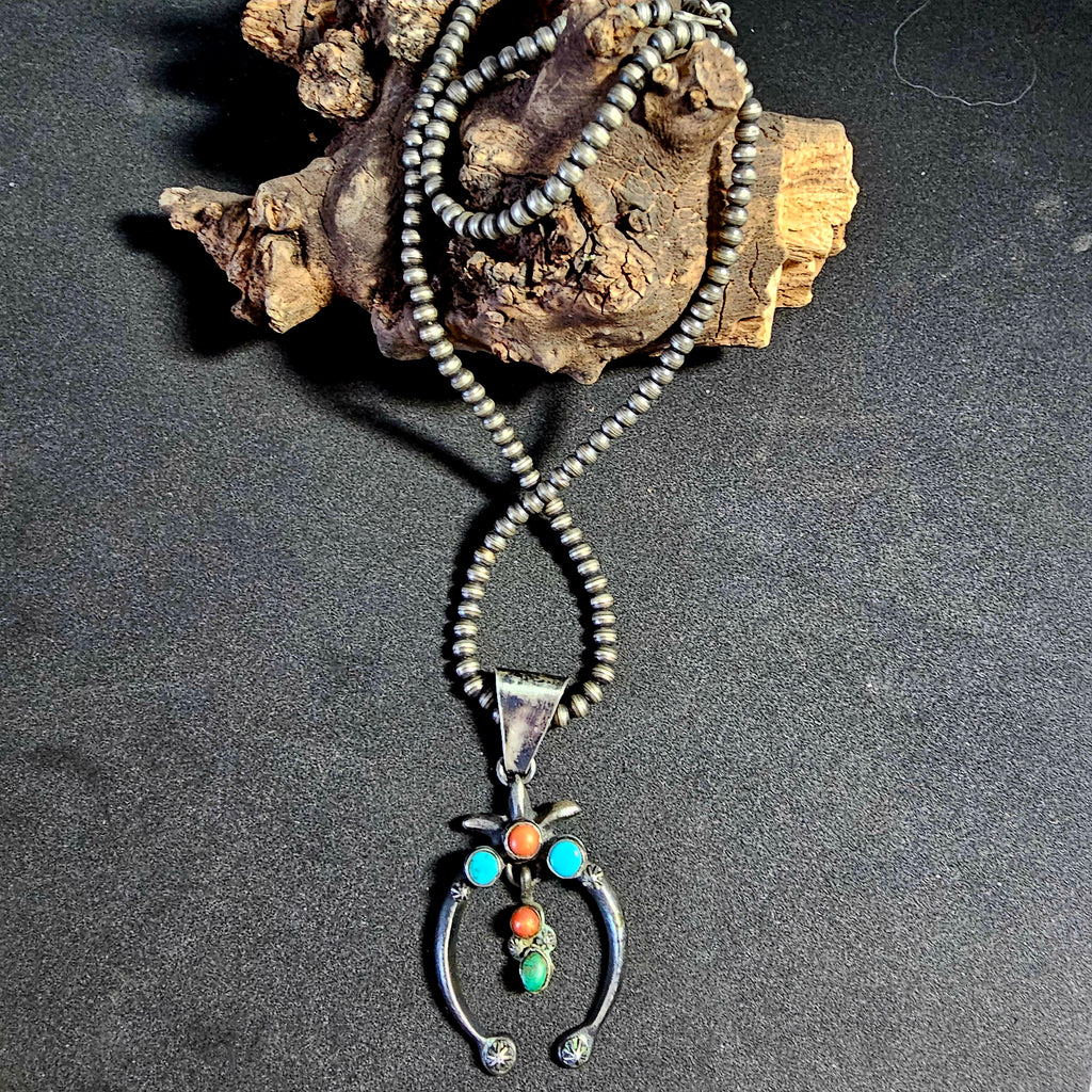 Naja Squash Blossom Turquoise & Coral Native Sterling Necklace  Old Pawn C1970s JN 803