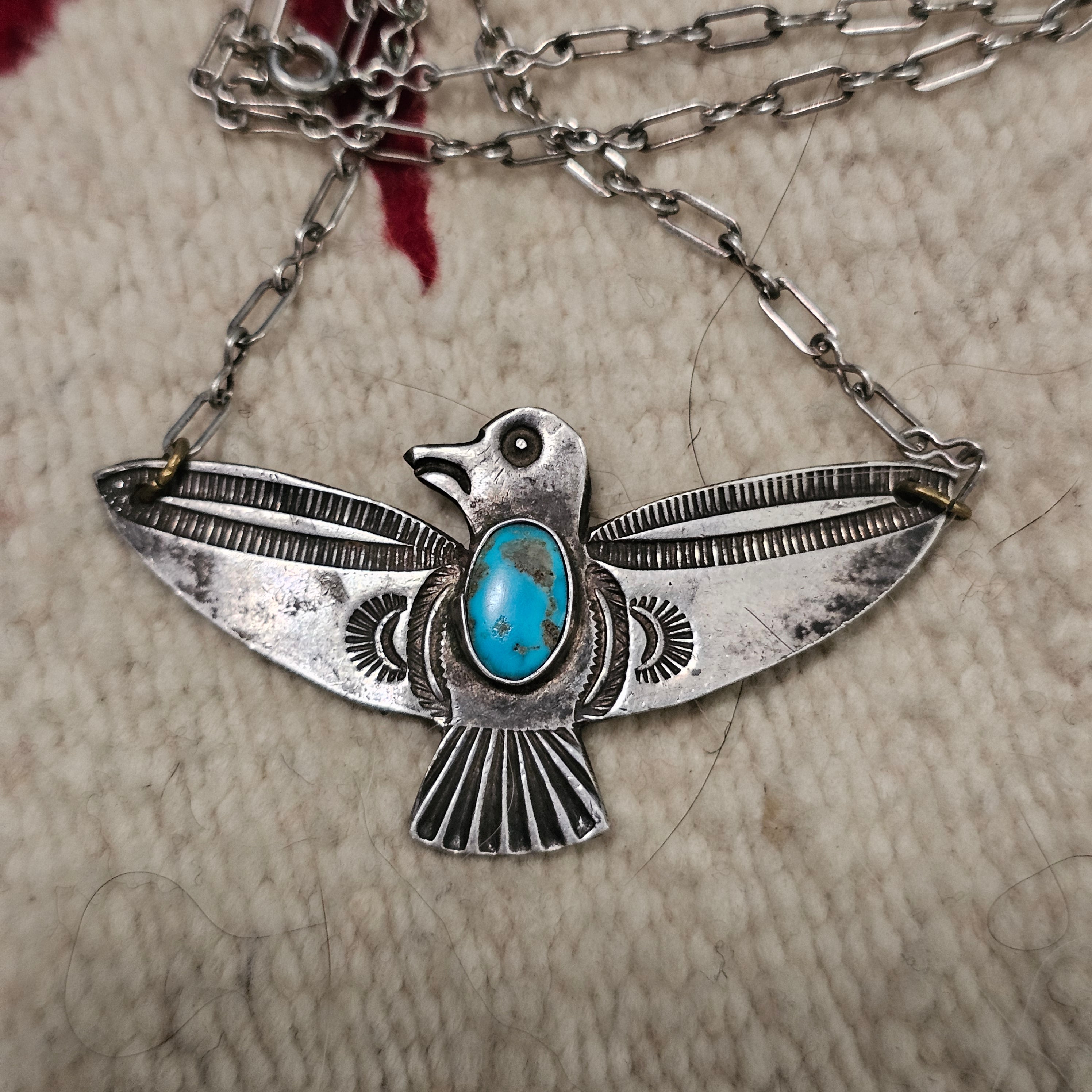 1930s Vintage Thunderbird Blue Turquoise Native Necklace Old Pawn JN 845