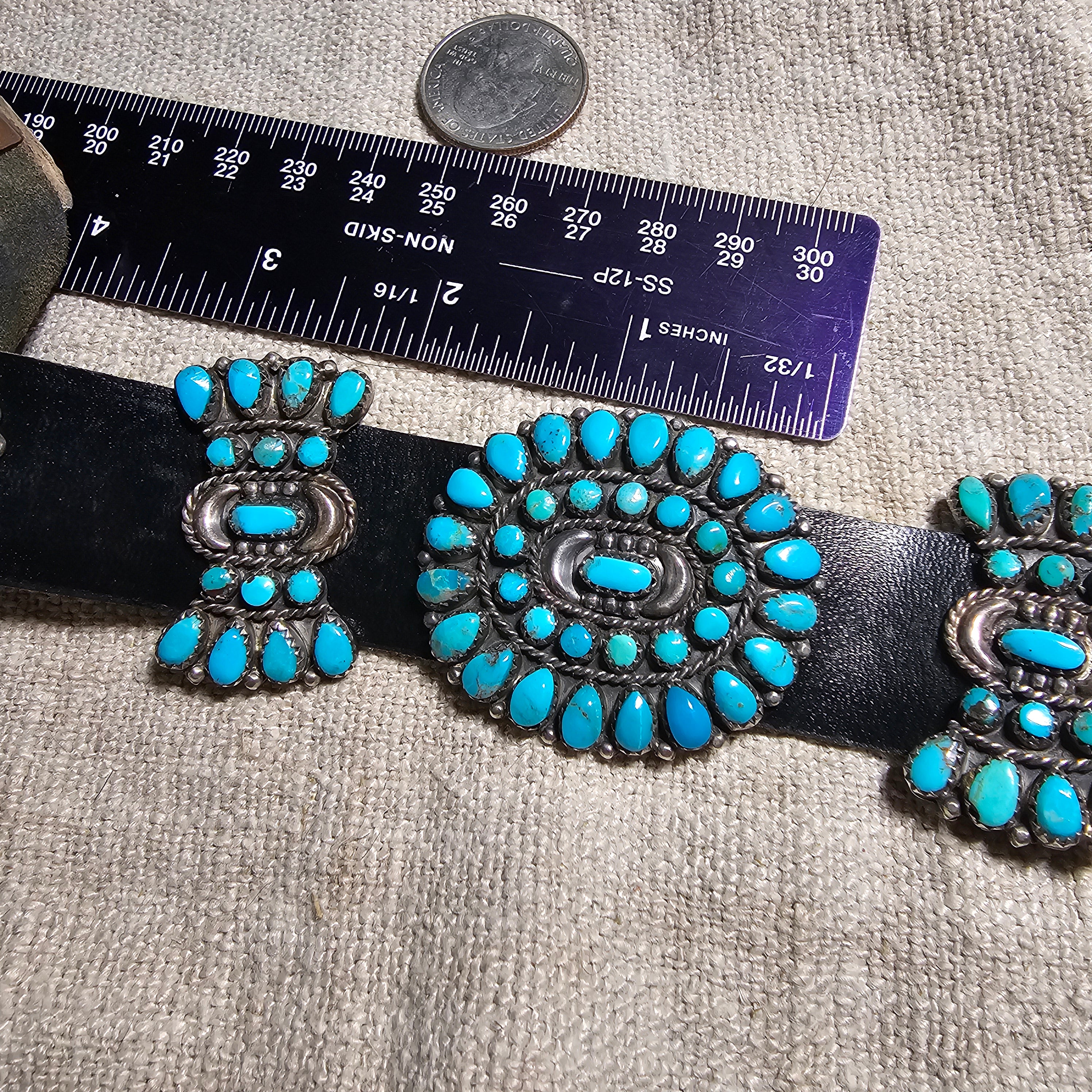 Zuni Signed Vintage Petitpoint Blue Turquoise Concho Belt Sterling Old Pawn. JBL 165