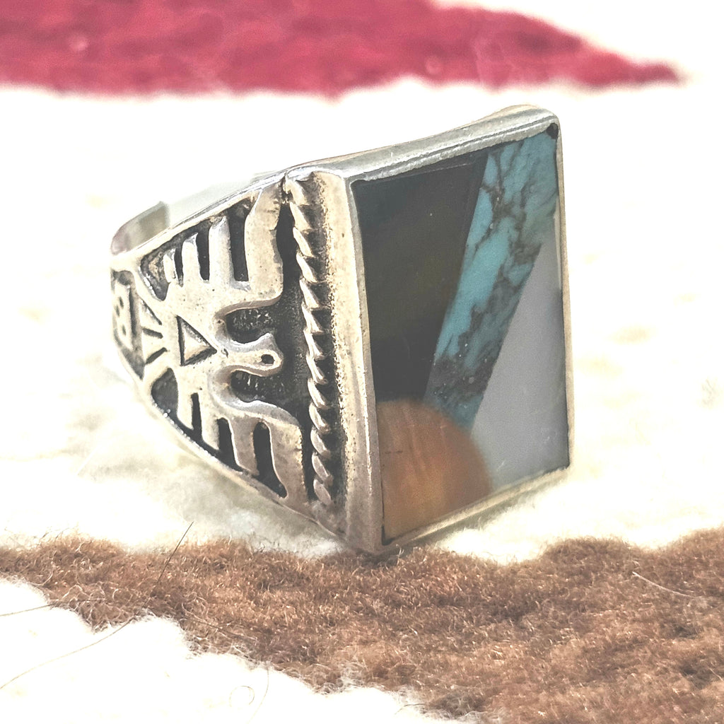 1950s Thunderbird Zuni Inlay Vintage Ring Sterling Old Pawn Size 10 JR 645