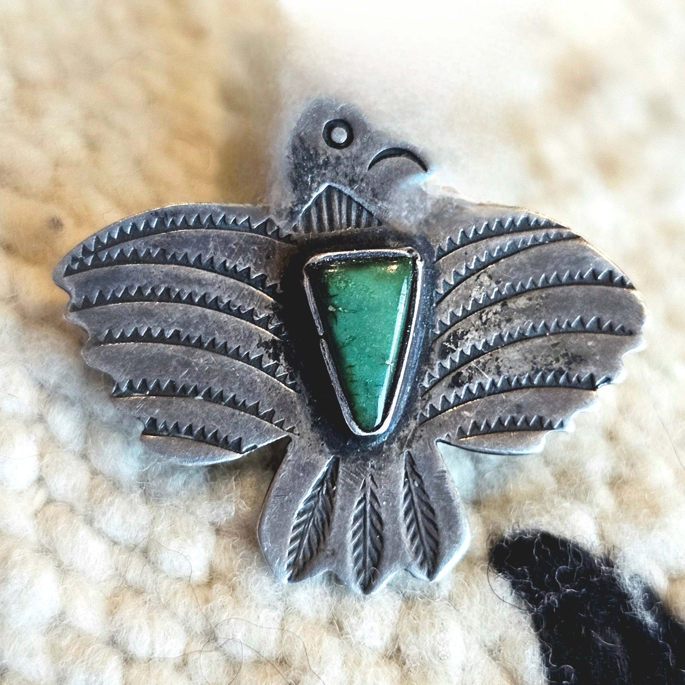 1930s Thunderbird Green Turquoise Pin Old Pawn JP 194