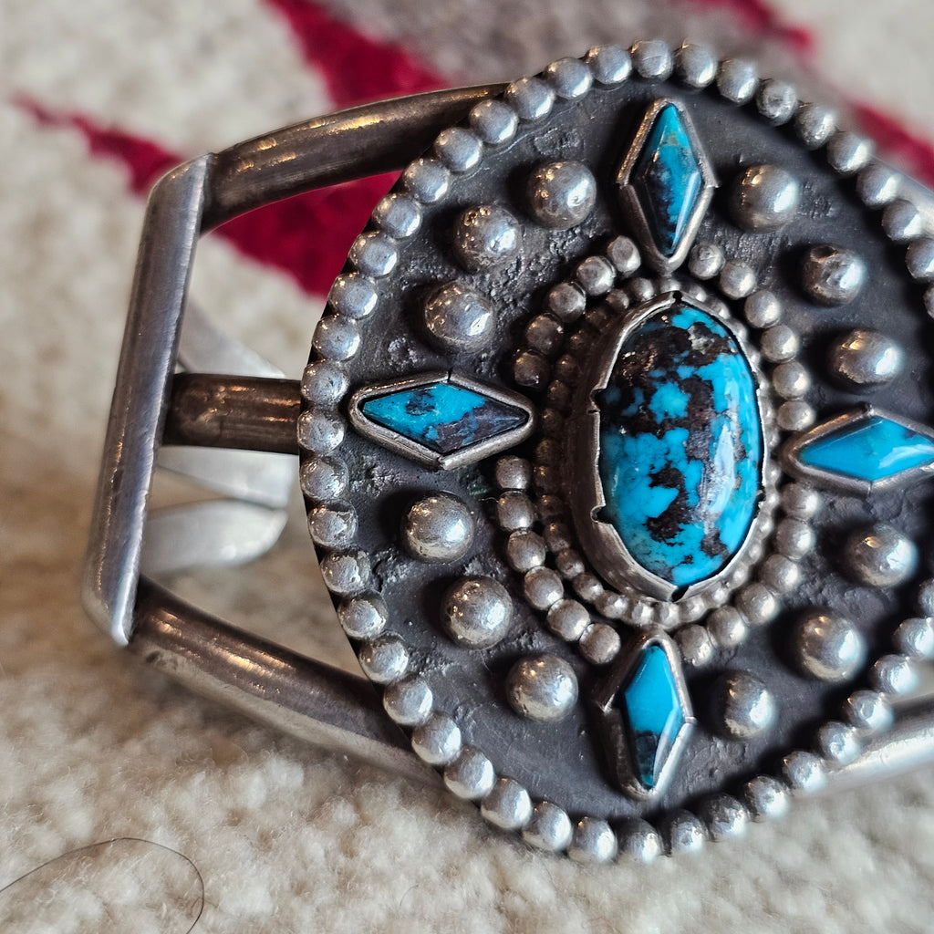 1940s Bisbee Turquoise Vintage Native Sterling Cuff fits 6 1/2" wrist. JB 160