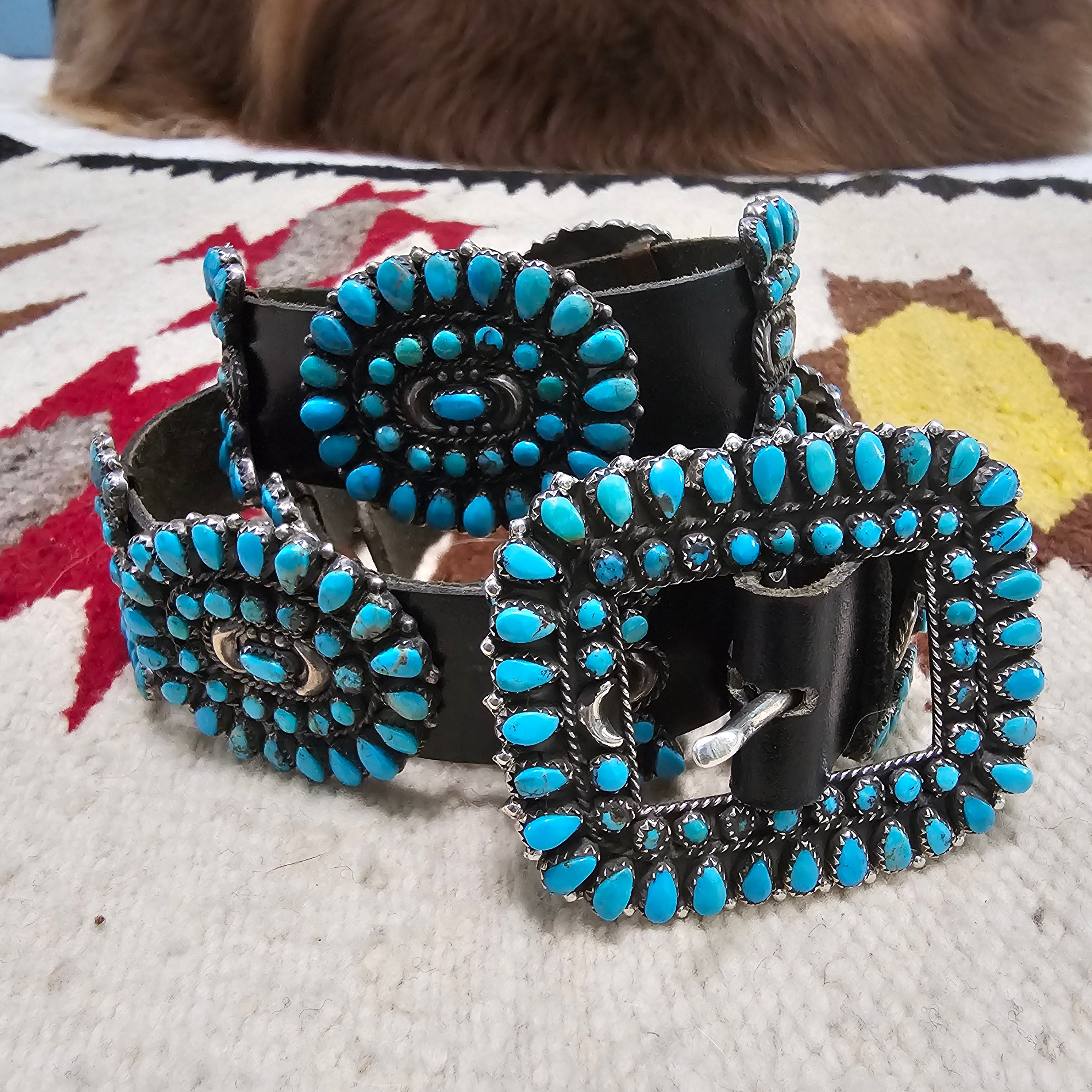 Zuni Signed Vintage Petitpoint Blue Turquoise Concho Belt Sterling Old Pawn. JBL 165