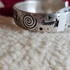 Signed Mystery Figure Vintage Native Silver Overlay Sterling Cuff  sz 6 1/2"  JB 323