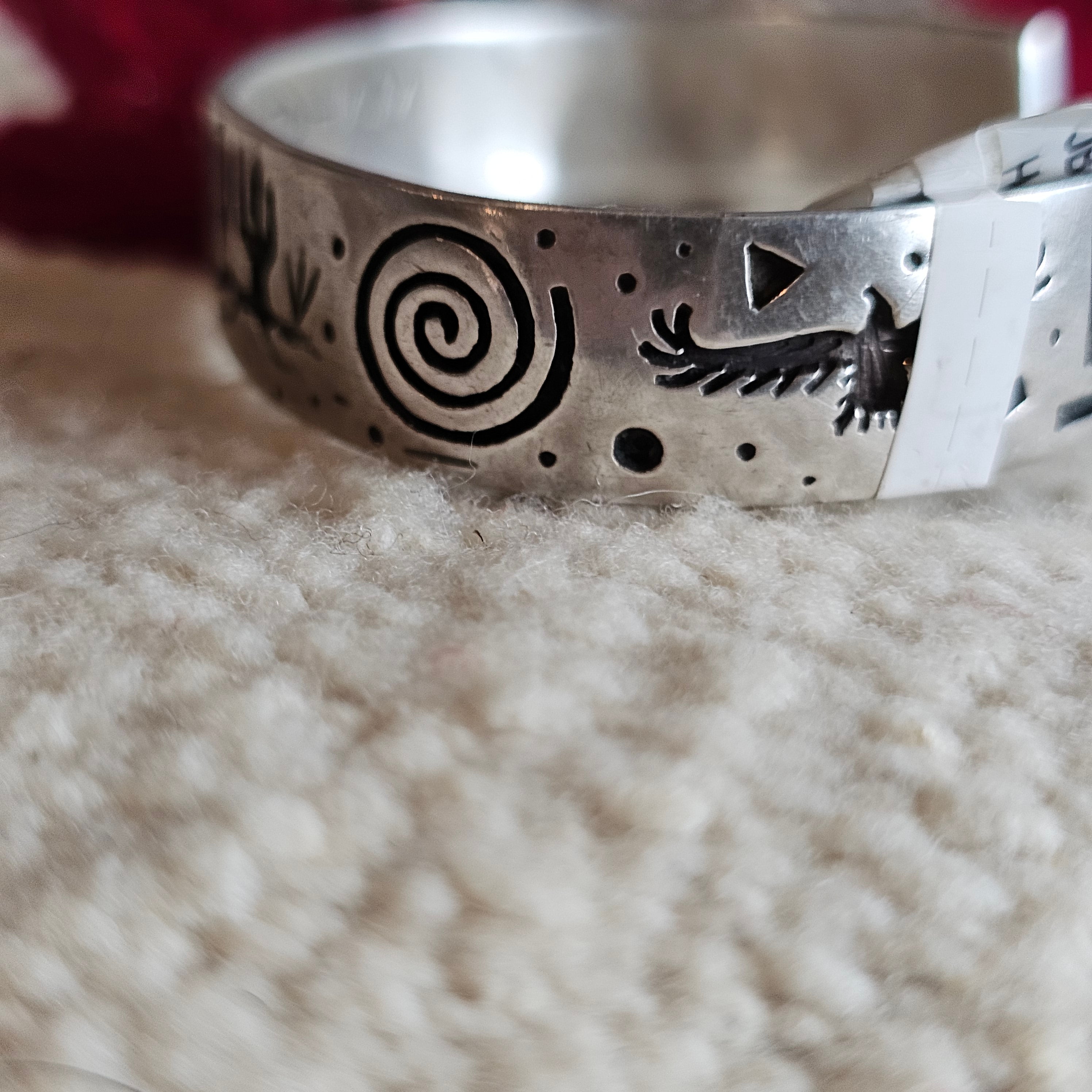 Signed Mystery Figure Vintage Native Silver Overlay Sterling Cuff  sz 6 1/2"  JB 323