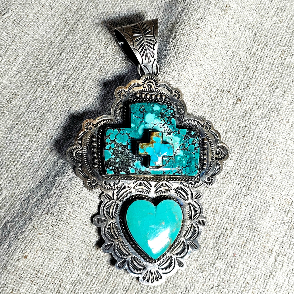 Big Heart & Cross Signed Turquoise Native Pendent Old Pawn Sterling # JPN 150