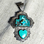 Big Heart & Cross Signed Turquoise Native Pendent Old Pawn Sterling # JPN 150
