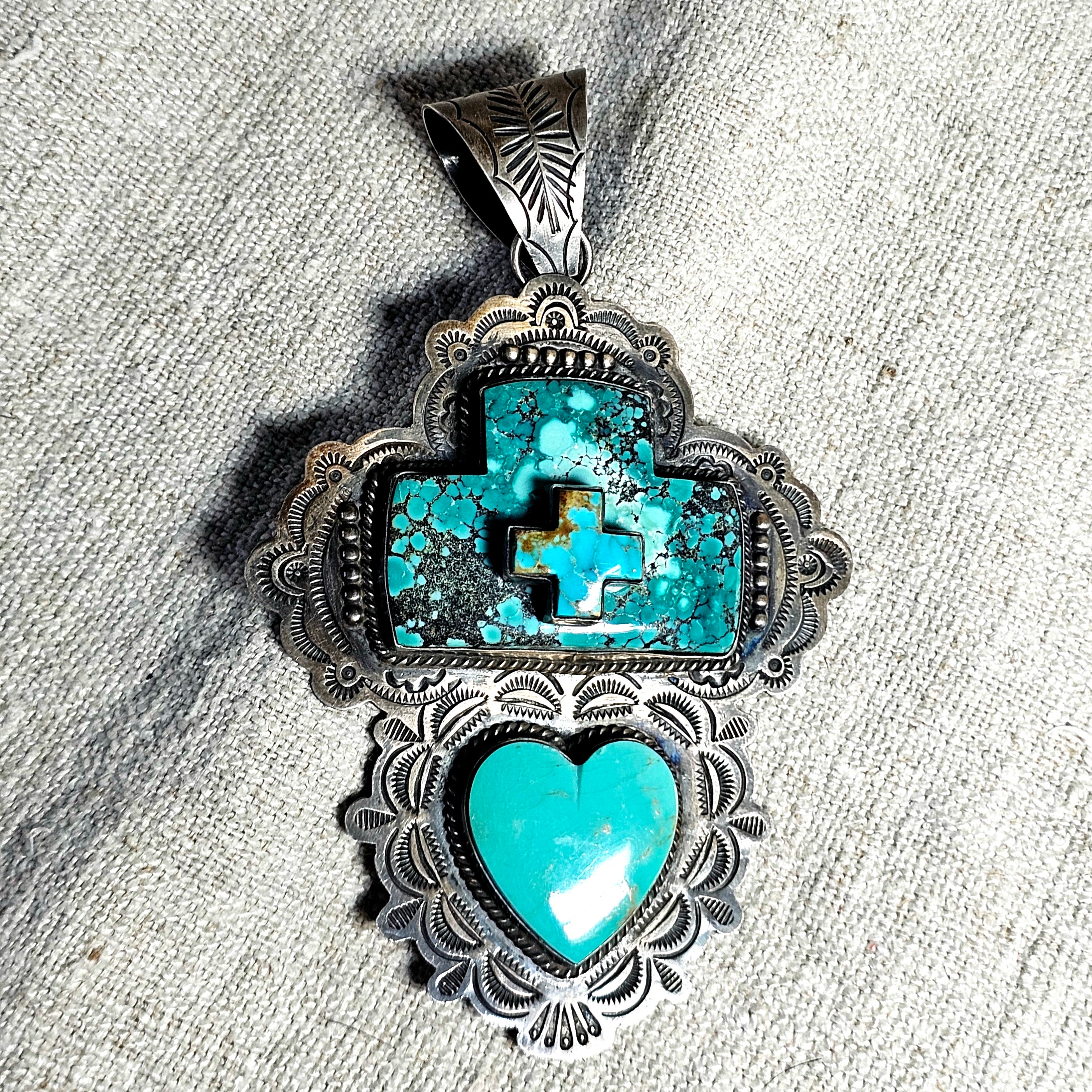 Big Heart & Cross Signed Turquoise Native Pendent Old Pawn Sterling # JPN 150