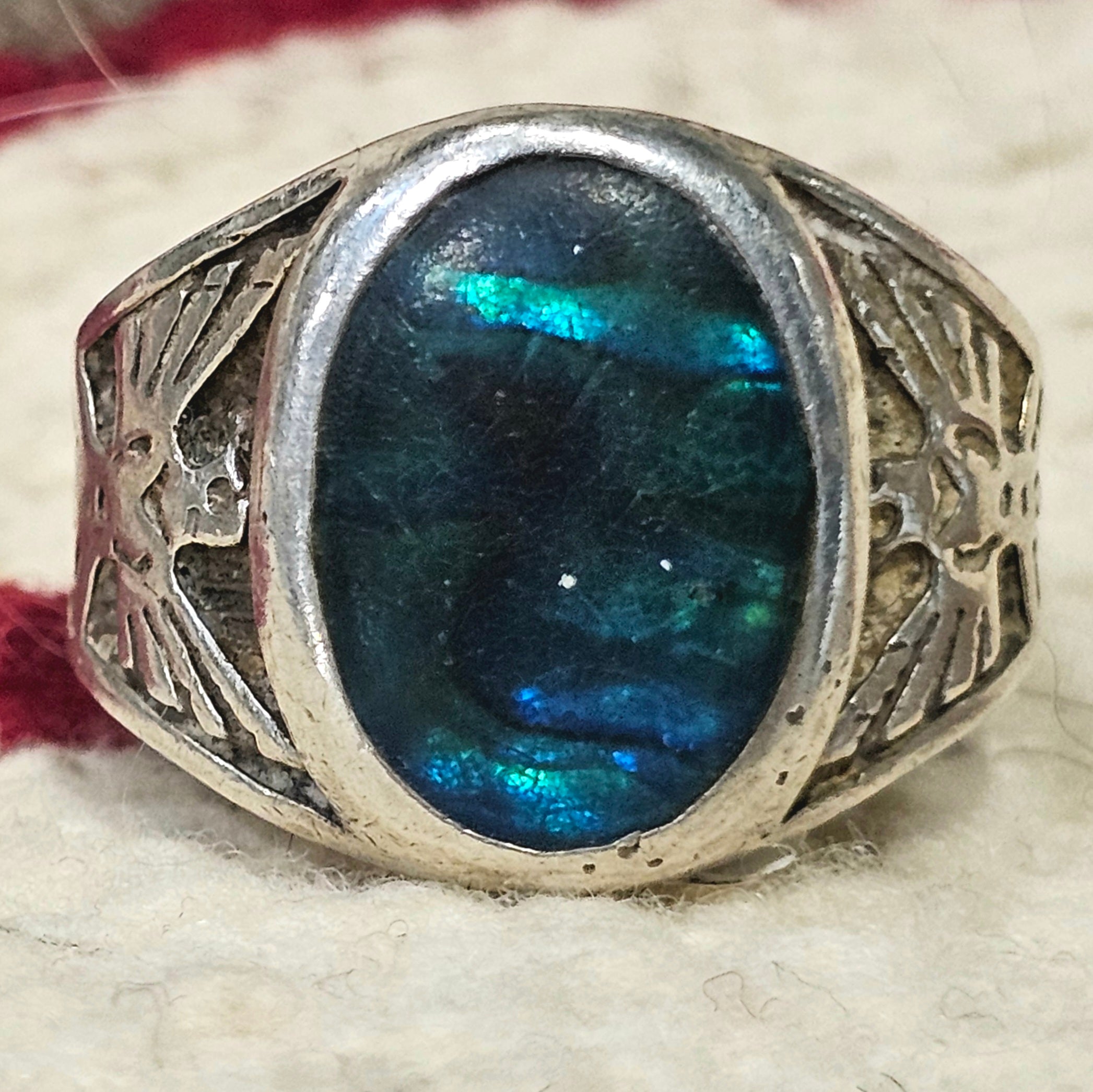 1950s Thunderbird Green Abalone Vintage Ring Sterling Old Pawn Size 13 JR 643