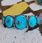 1940s Big Blue Cabochons Turquoise Sterling Silver Row Bracelet 6 3/4" wrist JB 275