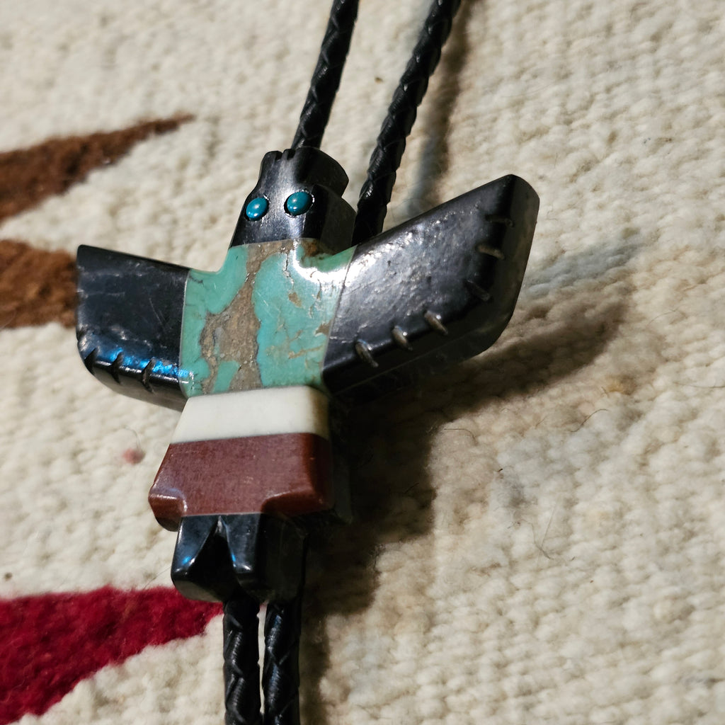 1940s Thunderbird Bolo Turquoise Onyx Vintage Pueblo # JBO 165