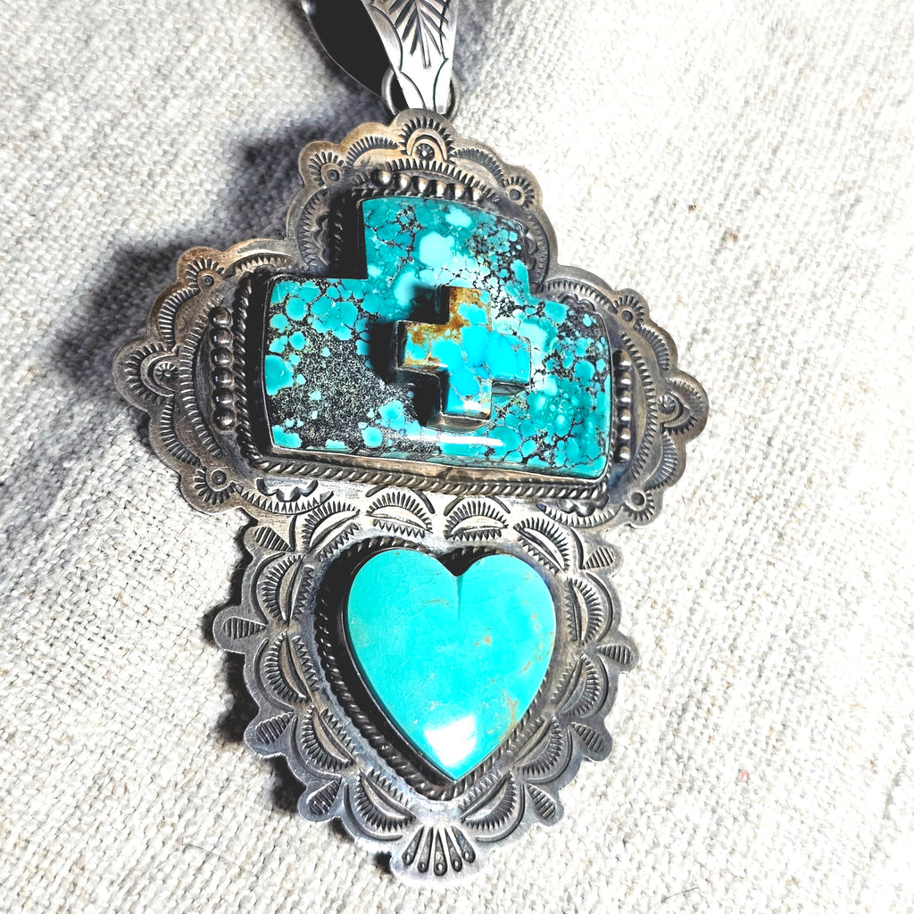 Big Heart & Cross Signed Turquoise Native Pendent Old Pawn Sterling # JPN 150