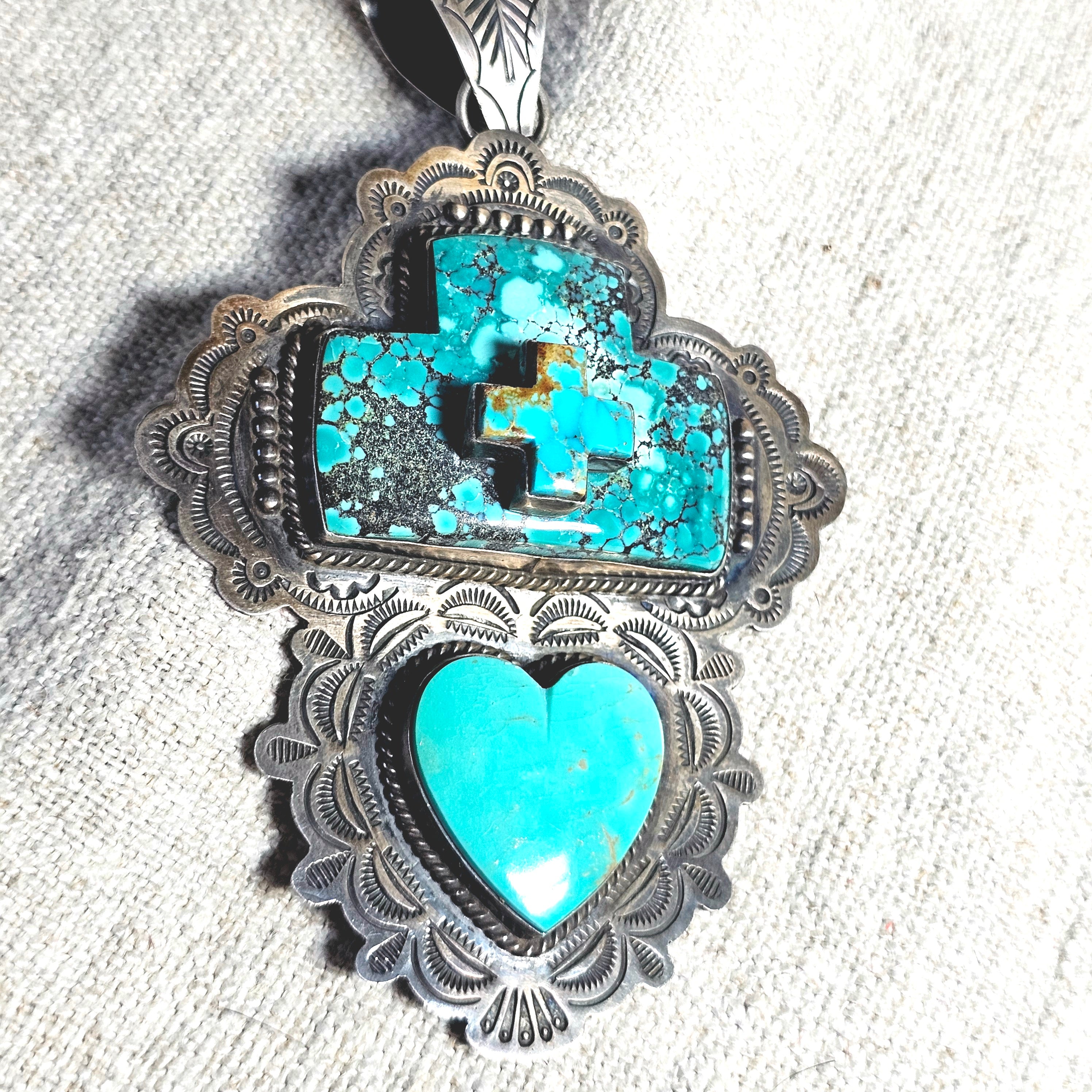 Big Heart & Cross Signed Turquoise Native Pendent Old Pawn Sterling # JPN 150