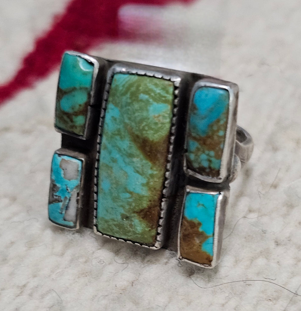 Rectangles of Natural Blue Turquoise Vintage Sterling Ring Size 8 Old Pawn JR 744