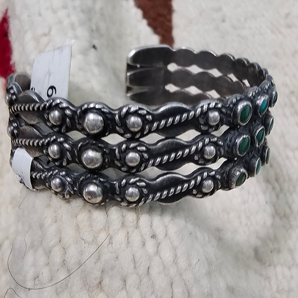 1930s Zuni 3 Row Decorative Cuff Turquoise Stones Old Pawn Cuff  fits 6 1/4" wrist. JB 259