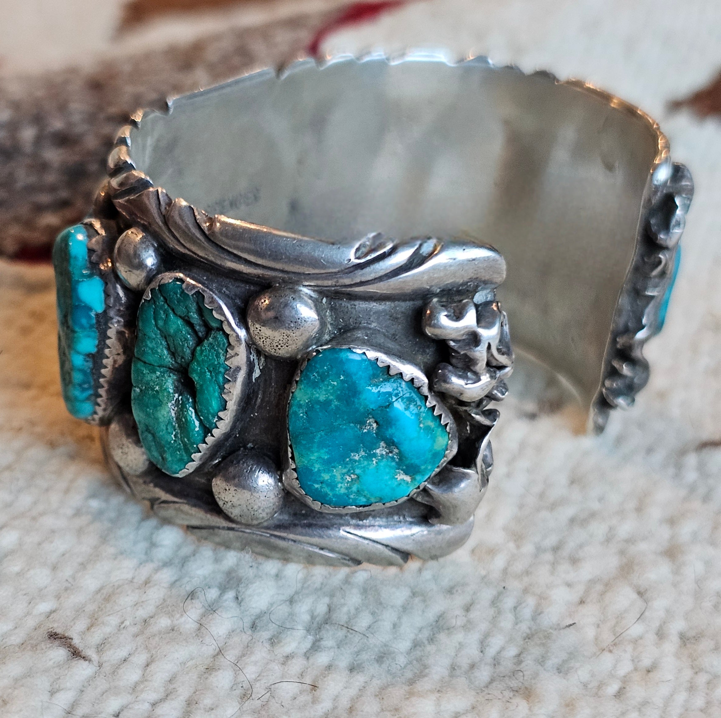 1940s Vintage Drilled Turquoise Sterling Silver Navajo Cuff Bracelet 6 3/4" wrist JB 172