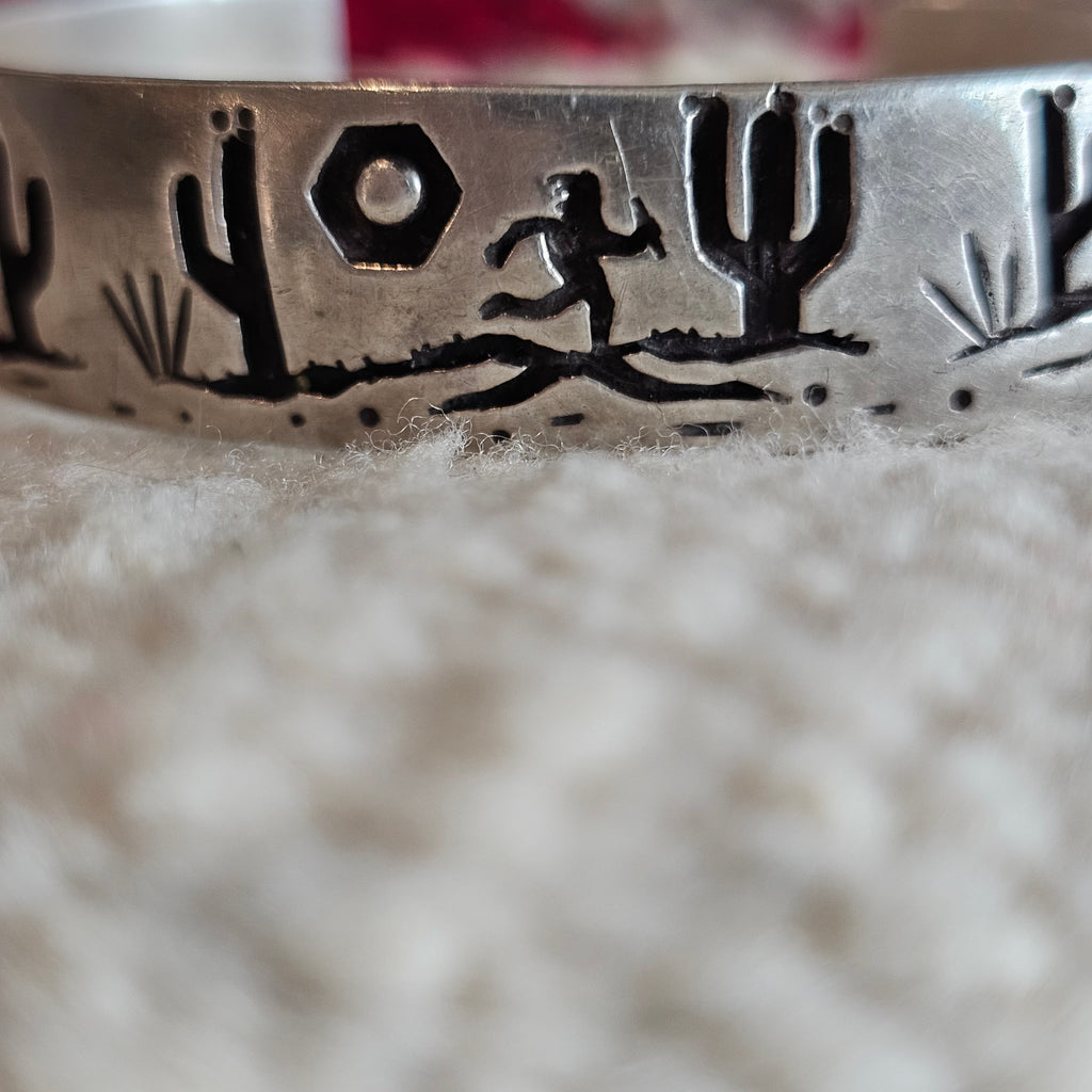 Signed Mystery Figure Vintage Native Silver Overlay Sterling Cuff  sz 6 1/2"  JB 323