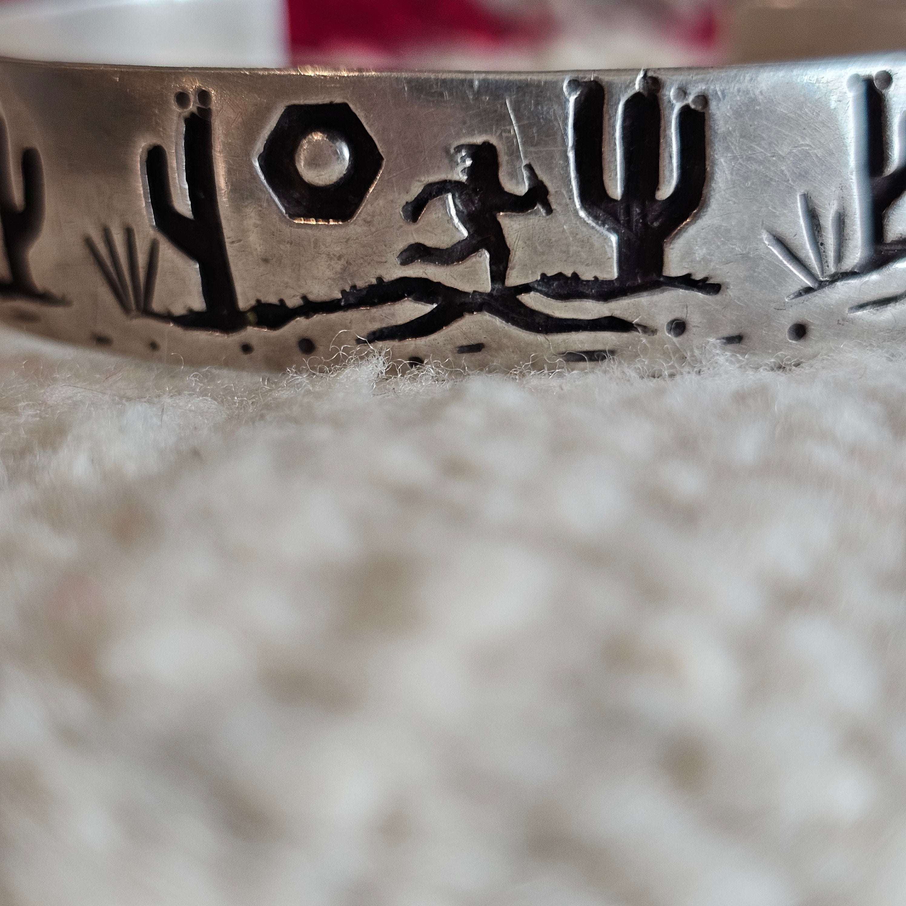 Signed Mystery Figure Vintage Native Silver Overlay Sterling Cuff  sz 6 1/2"  JB 323
